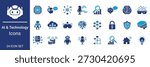 24 Artificial Intelligence and Technology Icon Set Vector Icons for Machine Learning, Robotics, Neural Networks, Cloud Computing, Cyber Security, Smart Home, and Data Analysis