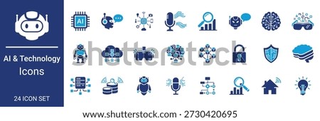 24 Artificial Intelligence and Technology Icon Set Vector Icons for Machine Learning, Robotics, Neural Networks, Cloud Computing, Cyber Security, Smart Home, and Data Analysis