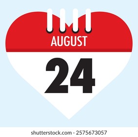 24 August calendar icon red heart shape on light sky blue color background, calendar vector symbol for the month of August.