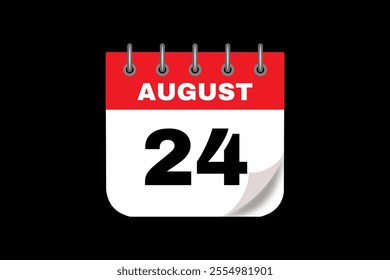 24 August calendar icon text page monthly web design on red, white and black background vector, icon, or illustration with the month of August 24