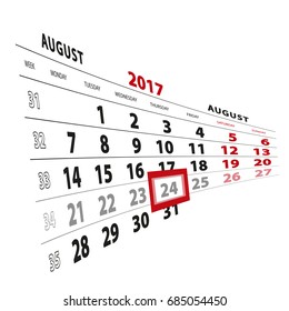24 August highlighted on calendar 2017. Week starts from Monday. Vector Illustration.
