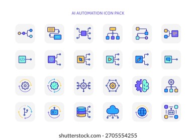 24 automation icons for AI engine system concept, data analysis, coding or programming workflow development, management flowchart. Artificial intelligence in minimalist vibrant colors icon set vector.