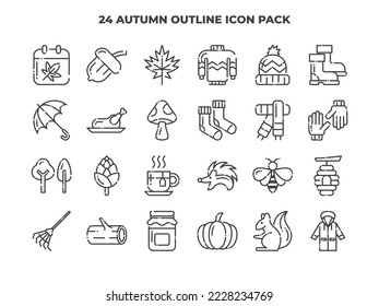 24 Autumn Element Outline Icon Set - Autumn Season Icon Pack Vector Illustration