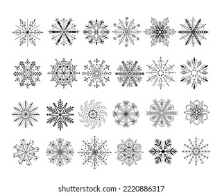 24 hermosos copos de nieve aislan sobre fondo blanco. Ilustración vectorial.