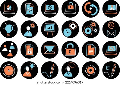24 blue orange office icons on black circles