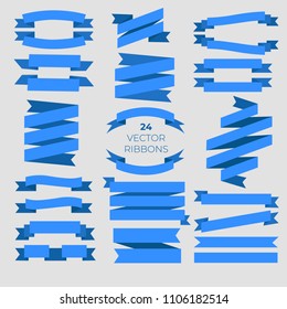 24 blue ribbons. Flat vector ribbons banners flat isolated on white background, Illustration set of blue tape