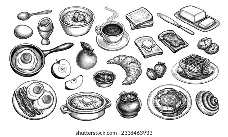 24 Breakfast illustrations in an ink sketch style. Collection of hand drawn sketches.