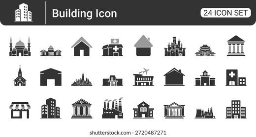 24 Conjunto de iconos de edificios y arquitectura Símbolos de Vector minimalista de infraestructura residencial, comercial y pública