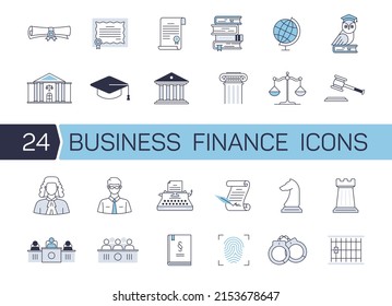 24 Business and finance line vector icons set. Justice, education, judge, law, typewrite, chess, handcuffs