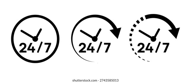 24 by 7 Customer Service Clock Icons – Round-the-Clock Support and Availability Vector Set