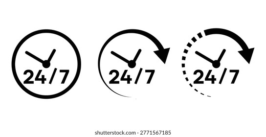 24 by 7 Service and Support Icon Set - Round the Clock Customer Assistance Symbols with Clock and Arrow Design