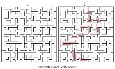 Jogo de labirinto retangular ortogonal 24 por 24 para adultos - jogo de labirinto simples e fácil vetor plano ilustração contorno preto e branco - jogo de resolução de problemas kdp.