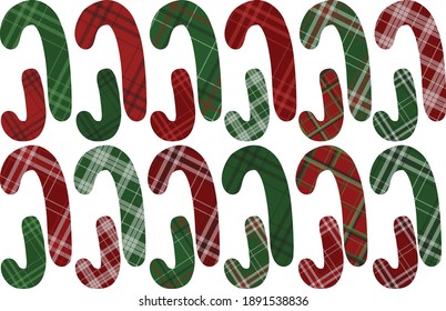 24 Christmas candy canes with plaid pattern on white background