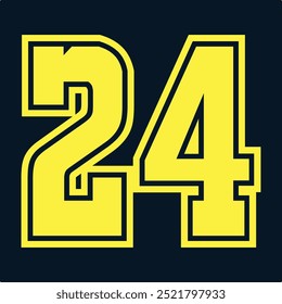 24 Classic Vintage Sport Jersey Uniform numbers in black with a black outside contour line number on white background for American football, Baseball and Basketball or soccer for shirt