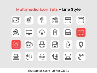 24 Collection of Multimedia Icons with Line Style