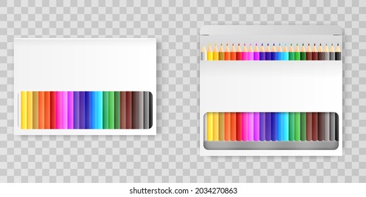 24 lápices de colores con caja vacía sobre fondo transparente. Limpiar ilustración vectorial de plantilla de maquillaje. Herramienta de papelería educativa.