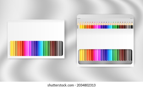 24 Color pencils with empty box on white fabric background. Clean mockup template vector illustration. Education stationery tool.