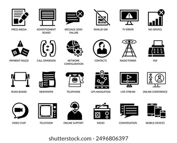 24 COMMUNICATION AND CONNECTIVITY icon SET ART LINE FILL BLACK COLOR