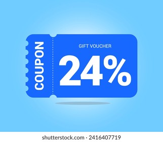 24% coupon promotion sale. Twenty four percent Vector Gift Voucher. Blue discount, lucky ticket, special offer promo. Web, shopping label, percent sign. Special price offers.