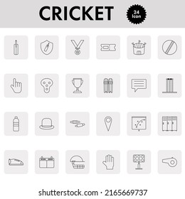 24 Cricket Icon Set On Grey Sqaure Background.