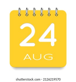 24 day of the month. August. Cute yellow calendar daily icon. Date day week Sunday, Monday, Tuesday, Wednesday, Thursday, Friday, Saturday. Cut paper. White background. Vector illustration.