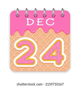 24 day of a month. December. Waffle cone calendar with melted ice cream. 3d daily icon. Date. Week Sunday, Monday, Tuesday, Wednesday, Thursday, Friday, Saturday. White background Vector illustration