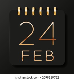 24 day of the month. February. Luxury calendar daily icon. Date day week Sunday, Monday, Tuesday, Wednesday, Thursday, Friday, Saturday. Gold text. Black background. Vector illustration.