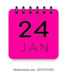 24 day of the month. January. Pink calendar daily icon. Black letters. Date day week Sunday, Monday, Tuesday, Wednesday, Thursday, Friday, Saturday. Cut paper. White background. Vector illustration.