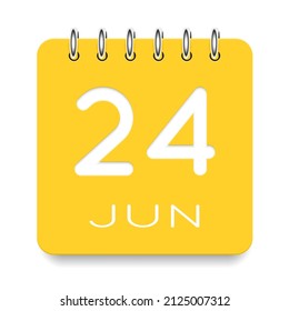 24 day of the month. June. Cute yellow calendar daily icon. Date day week Sunday, Monday, Tuesday, Wednesday, Thursday, Friday, Saturday. Cut paper. White background. Vector illustration.