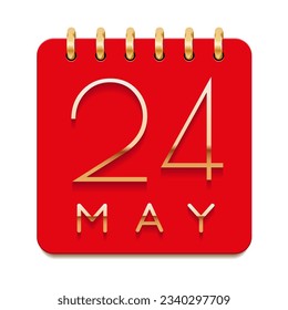 24 day of the month. May. Luxury calendar daily icon. Date day week Sunday, Monday, Tuesday, Wednesday, Thursday, Friday, Saturday. Gold text. Red paper. Vector illustration