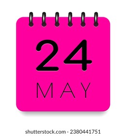 24 day of the month. May. Pink calendar daily icon. Black letters. Date day week Sunday, Monday, Tuesday, Wednesday, Thursday, Friday, Saturday. Cut paper. White background. Vector illustration.