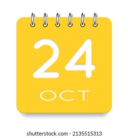 24 day of the month. October. Cute yellow calendar daily icon. Date day week Sunday, Monday, Tuesday, Wednesday, Thursday, Friday, Saturday. Cut paper. White background. Vector illustration.