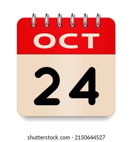 24 day of the month. October. Flip old formal calendar. 3d daily icon. Date. Week Sunday, Monday, Tuesday, Wednesday, Thursday, Friday, Saturday. Cut paper. White background. Vector illustration.