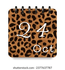 24 Tage des Monats. Oktober. Leopard Print Kalender täglich Symbol. Weiße Buchstaben. Tag Woche Sonntag, Montag, Dienstag, Mittwoch, Donnerstag, Freitag, Samstag.  Weißer Hintergrund. Vektorgrafik.