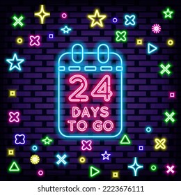 24 Days To Go Neon sign. Glowing with colorful neon light. Announcement neon signboard. Bright colored vector. Vector Illustration