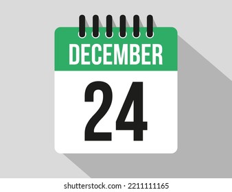 24 December calendar vector icon. Green December date for the days of the month and week