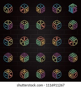 24 Dice in All Possible Turns Colored Glowing Neon Sign Style Icons Set - Isometric Outlined Multicolor Cubes with Pips on Black Brick Wall Background - Vector Flat Graphic Design