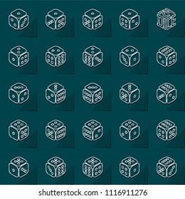 24 Dice in All Possible Turns Silver Metallic Lines Style Icons Set - Isometric Outlined Chrome Cubes with Pips on Turquoise Paper Effect Background - Vector Gradient Graphic Design