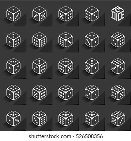 24 Dice in All Possible Turns Authentic Icons Set - Isometric White Outlined Cubes with Light Pips on Black Natural Paper Effect Background - Realistic Flat Graphic