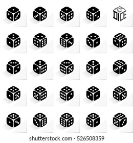 24 Dice in All Possible Turns Authentic Icons Set - Isometric Black Cubes with Light Pips on White Natural Paper Effect Background - Realistic Flat Graphic