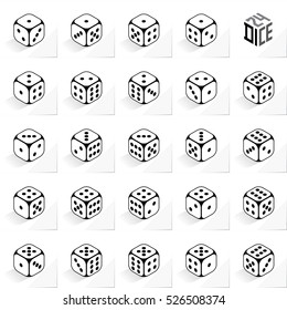 24 Dice in All Possible Turns Authentic Icons Set - Isometric Black Outlined Cubes with Dark Pips on White Natural Paper Effect Background - Realistic Flat Graphic svg