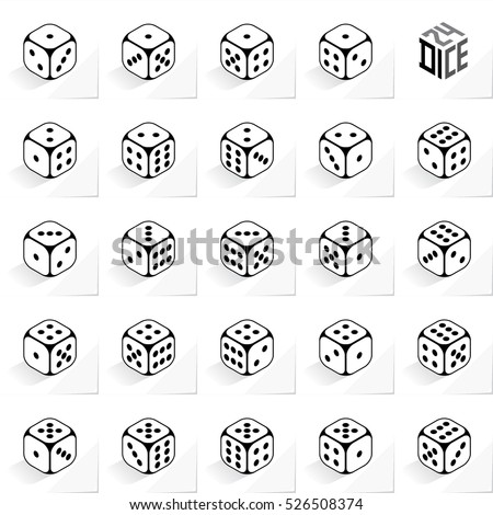 24 Dice in All Possible Turns Authentic Icons Set - Isometric Black Outlined Cubes with Dark Pips on White Natural Paper Effect Background - Realistic Flat Graphic