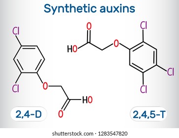 2,4- dichlorophenoxyacetic (2,4-D) and 2,4,5- trichlorophenoxyacetic acid (2,4,5-T) molecule. Synthetic auxin. Structural chemical formula and molecule model. Vector illustration