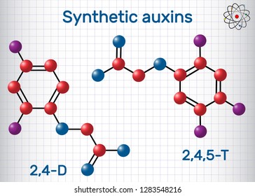 2,4- dichlorophenoxyacetic (2,4-D) and 2,4,5- trichlorophenoxyacetic acid (2,4,5-T) molecule. Synthetic auxin. Molecule model. Sheet of paper in a cage. Vector illustration