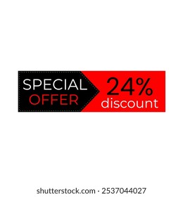 24% discount banner. Black and red banner. Offer tag. Shop promotions, commerce sales. Vector design. Twenty four percent off.