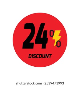 24% discount icon vector a red circular tag with and a yellow lightning bolt symbol.
