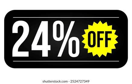 24% discount tag, black, white and yellow rectangular shape, perfect for marketing promotions, commerce and retail sales