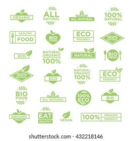 24 eco organic bio logos set of badges, emblems and stamps vector. Vegan, organic, healthy food.