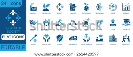 24 editable flat icons representing sectors of society, industry, finance, health care, education, justice, environment, technology, workplace, and more. Ideal for infographics and reports.