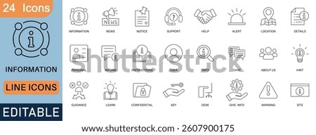 24 editable line icons for information and support. Includes help, news, alert, user, location, chat, personal, guide, confidential, warning, and instruction icons for web and UI design.